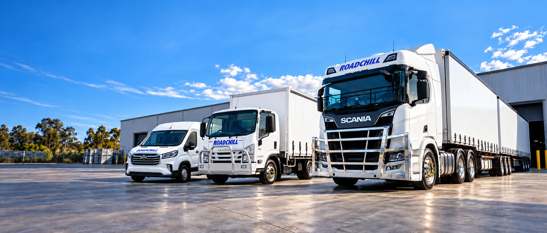 A Roadchill van, Isuzu pantech and Scania freight truck parked at the depot